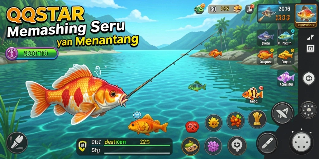 Screenshot gameplay QQSTAR menampilkan aksi memancing yang mendebarkan.