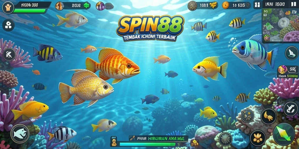Screenshot gameplay SPIN88 yang menampilkan ikan berwarna-warni dan senjata menembak.