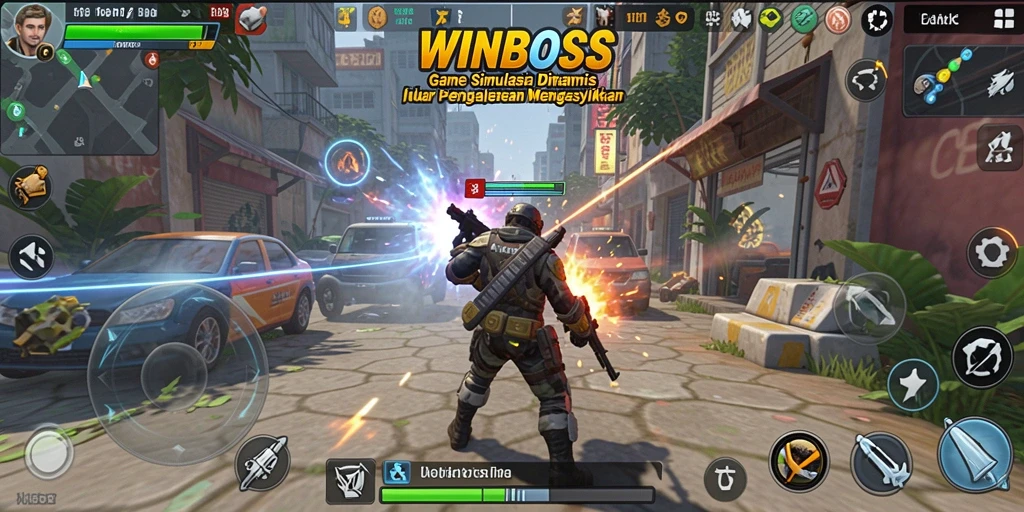 Tangkapan layar gameplay WINBOSS yang menunjukkan aktivitas simulasi yang seru.